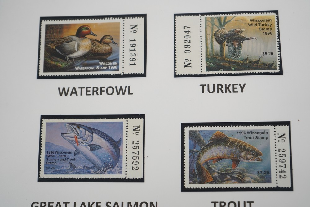 US 1970s-2010s COLLECTION OF 92 WISCONSIN STATE REVENUE STAMPS DUCKS & FISH