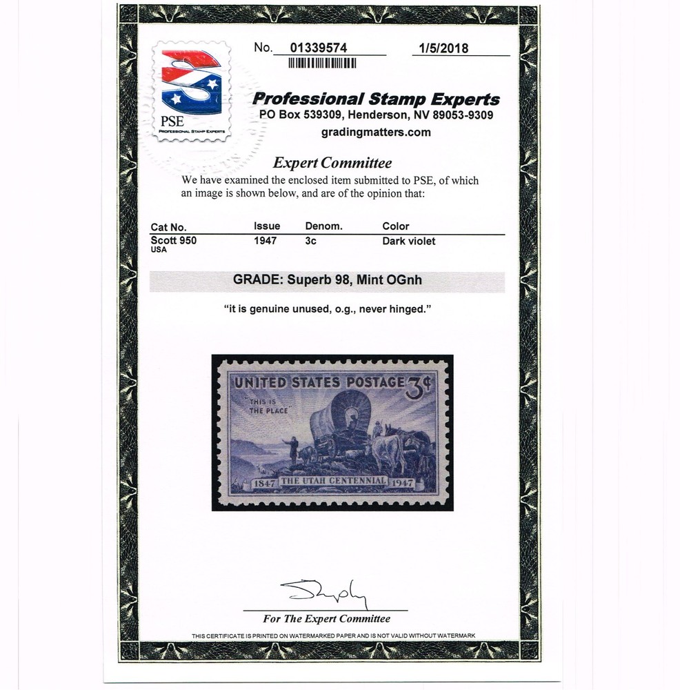 EXCEPTIONAL GENUINE SCOTT #950 MINT PRISTINE OG NH PSE CERT GRADED SUPERB 98