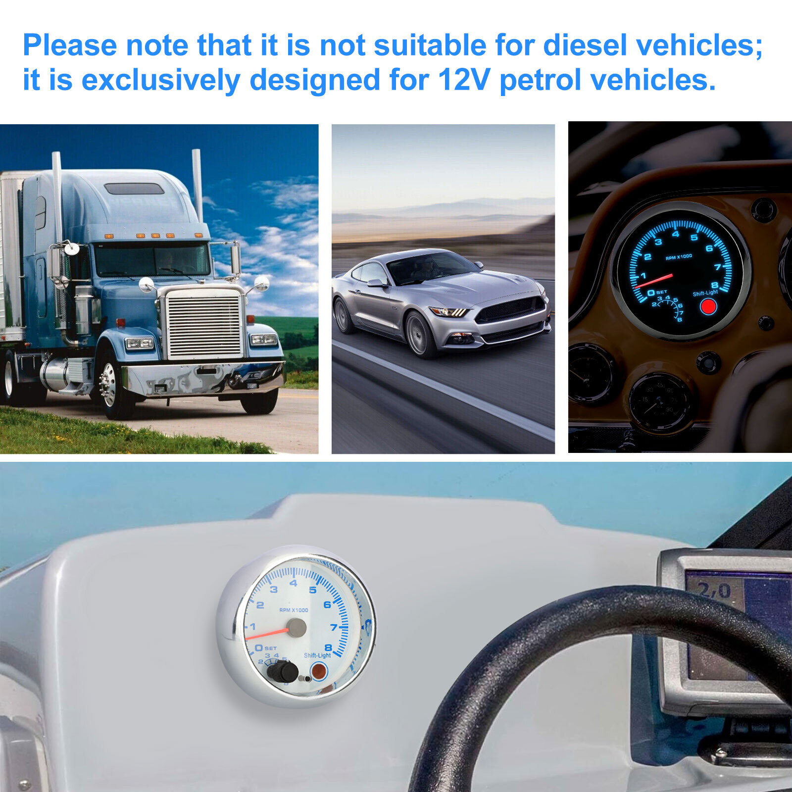 3.75'' 12V Car Tachometer Gauge Meter LED Inter Shift Light 0-8000 RPM Universal