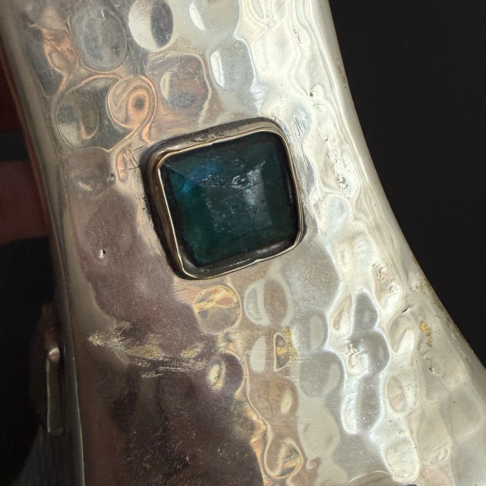 Vintage Hammered Silver Plated Bejeweled Cabochon Decorative 8” Candle Holder