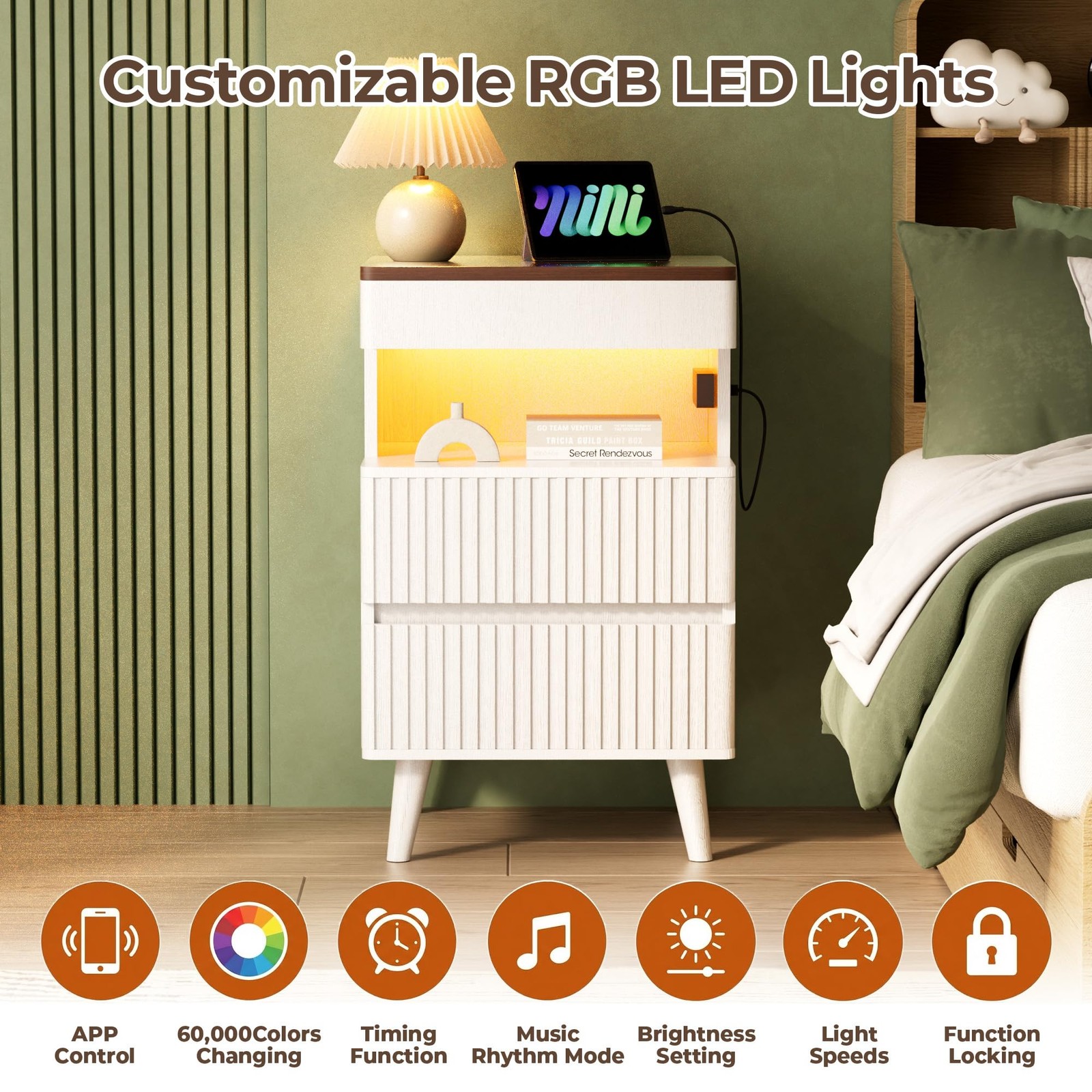 26" Tall Fluted NightStand w/Charging Station & LED Light,with 3 Storage Drawers