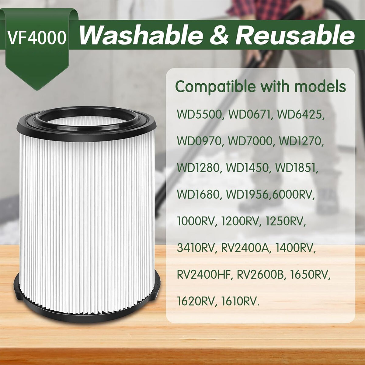 1x VF4000 Replacement For RIDGID Washable Vacuum Garage Shop Vac Pleated Filter