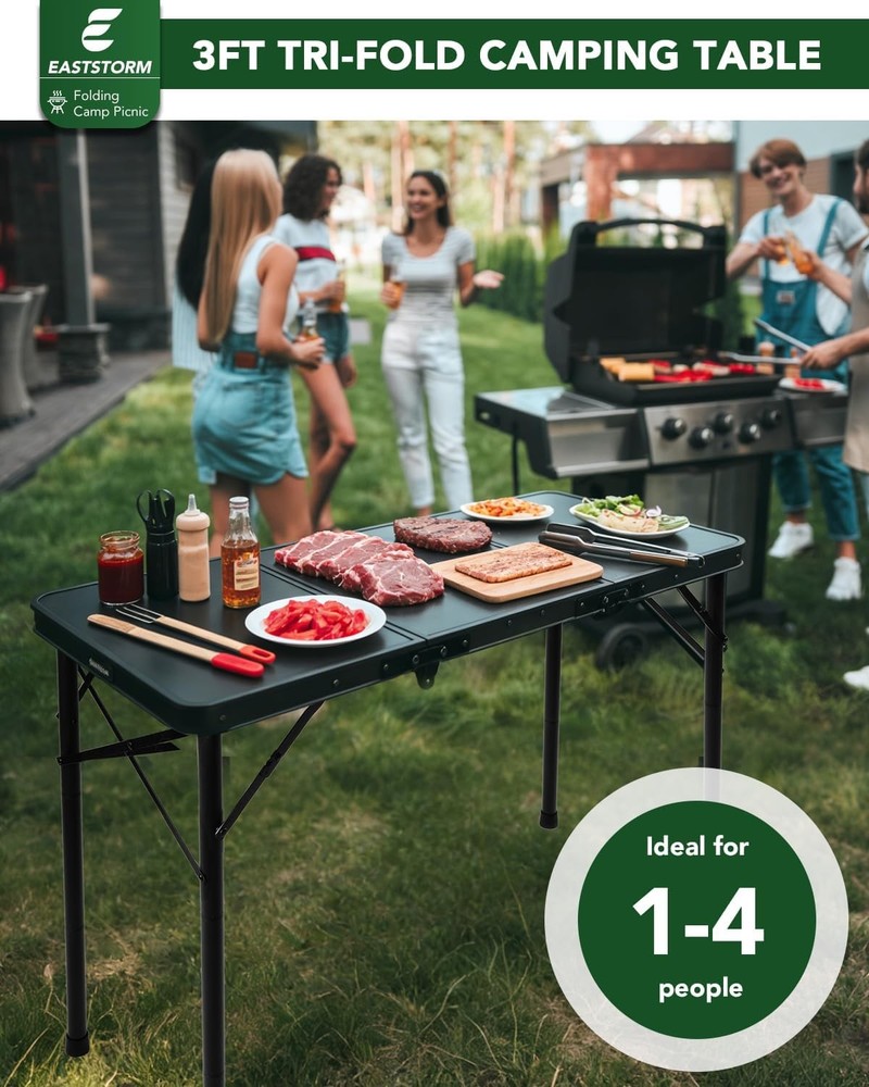 3ft Folding Camping Table Folding Table W/ 3 Adjustable Height Portable Table W/