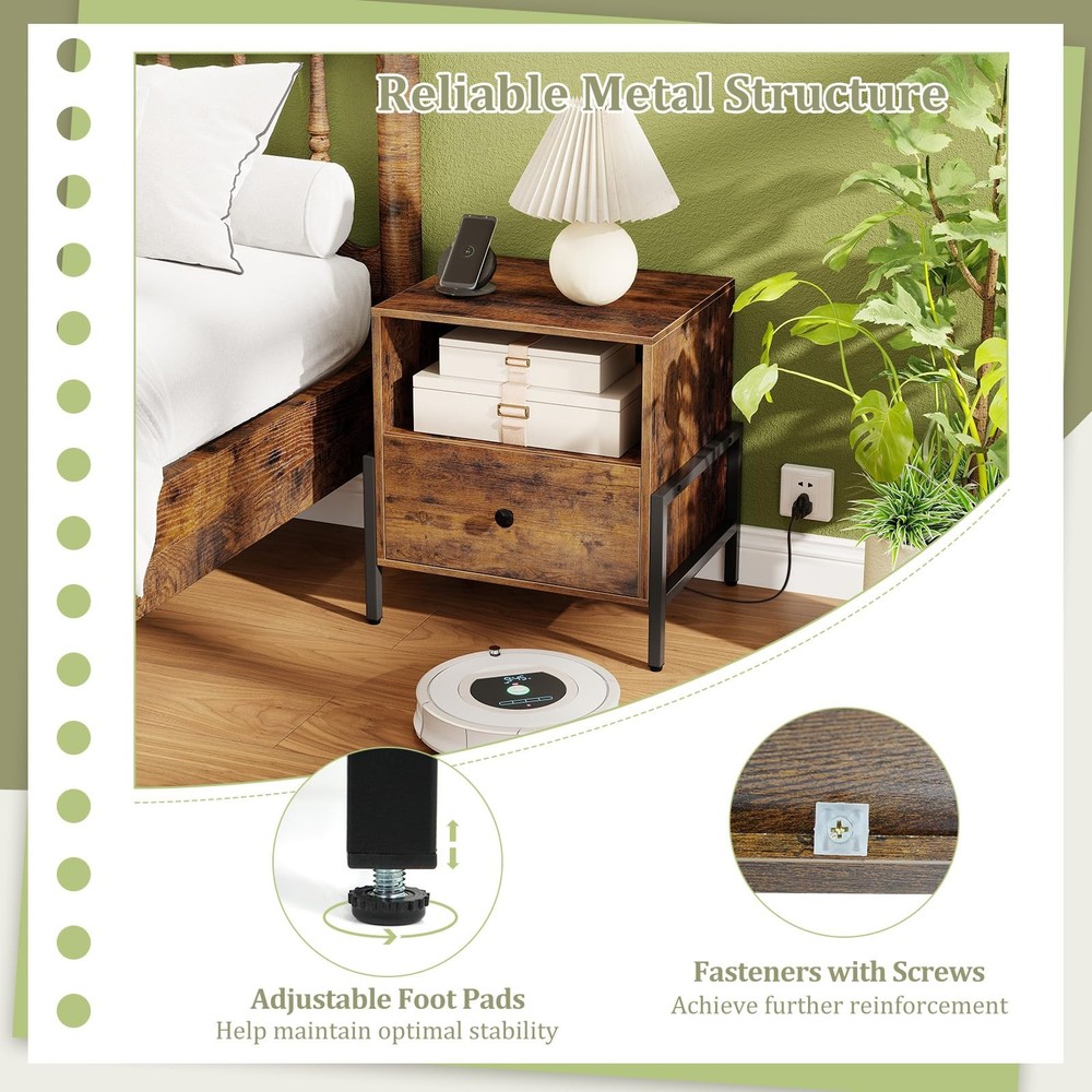 Rustic Brown Nightstand with Charging Station & Storage Shelf