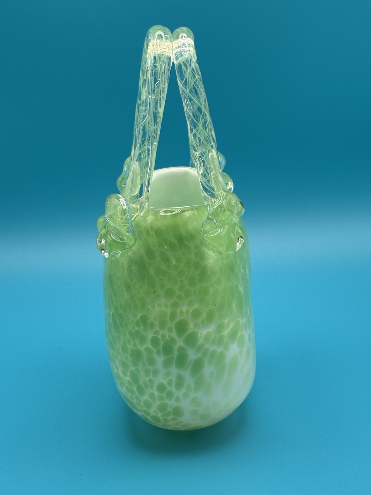 Vintage Hand Blown Art Glass Basket Green Controlled Bubble Murano Style Vase