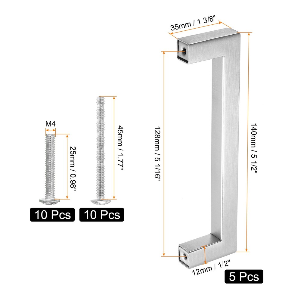 5 Pack Square Bar Drawer Handles, 5" Hole Center Kitchen Cabinets Pull, Silver