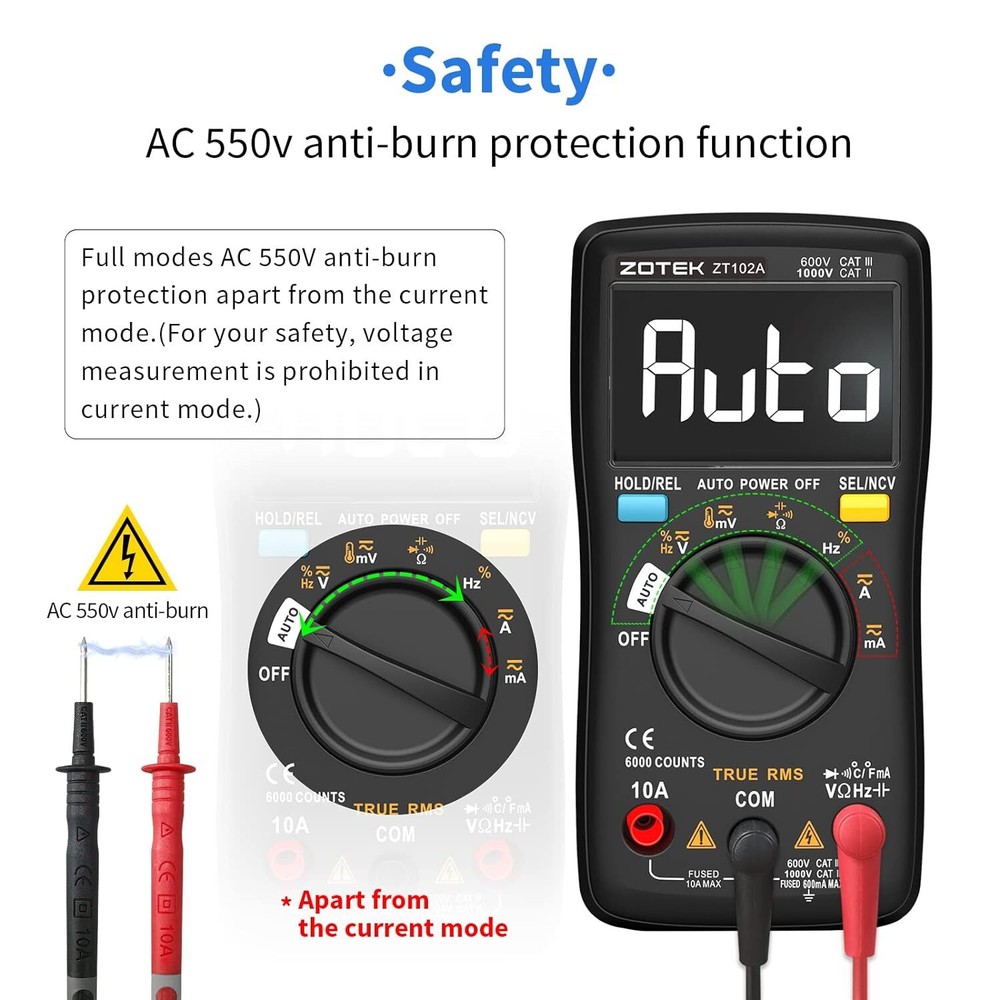 Digital Multimeter Auto Ranging Smart LCD Diode Tester AC/DC 6000 Counts T-RMS