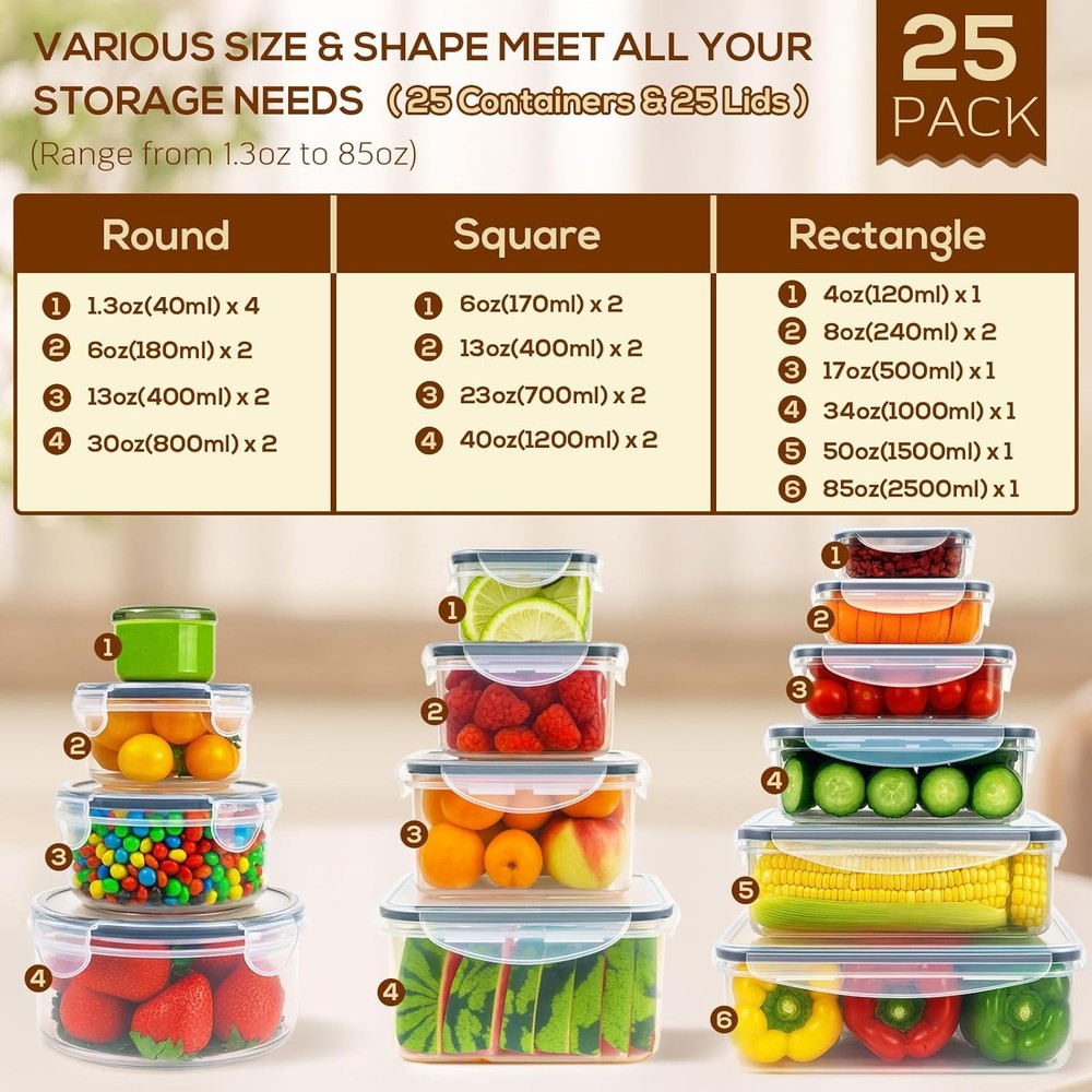 50 PCS Food Storage Containers with Lids, Clear Stackable Airtight clear