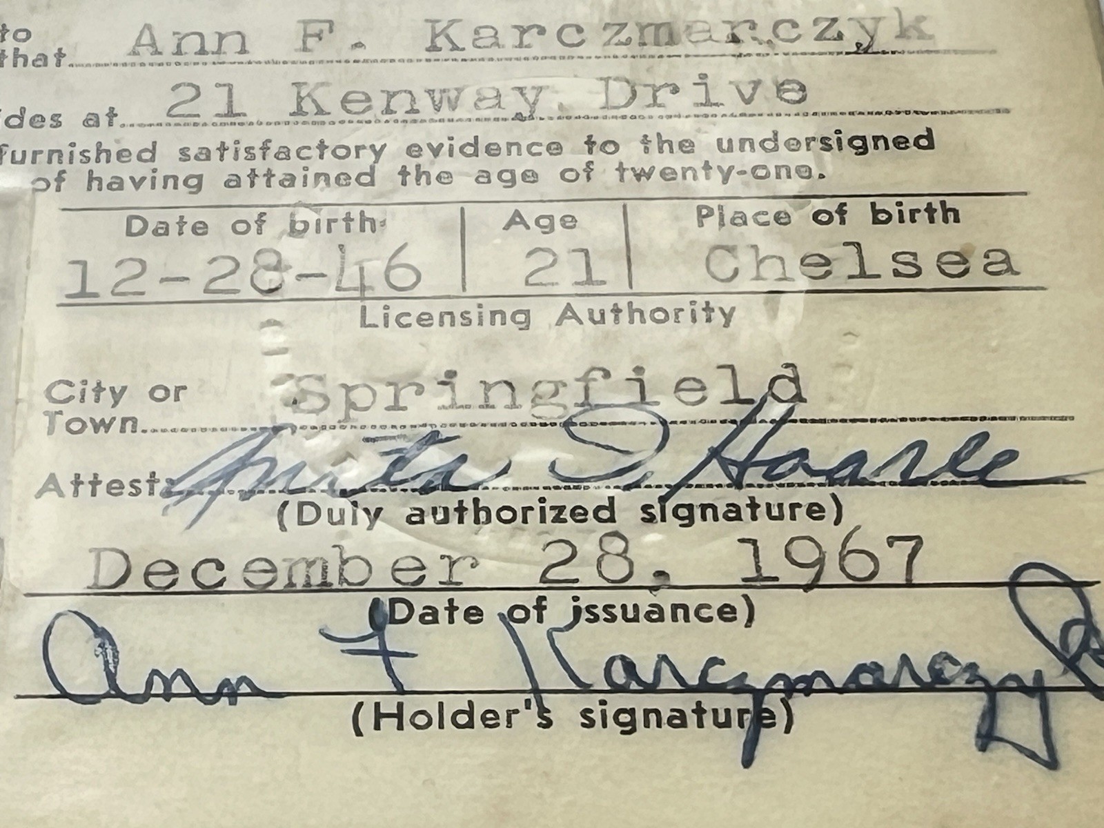 Vintage Massachusetts 1967 Liquor Photo ID Ann Karczmarczyk Springfield MA OFF3