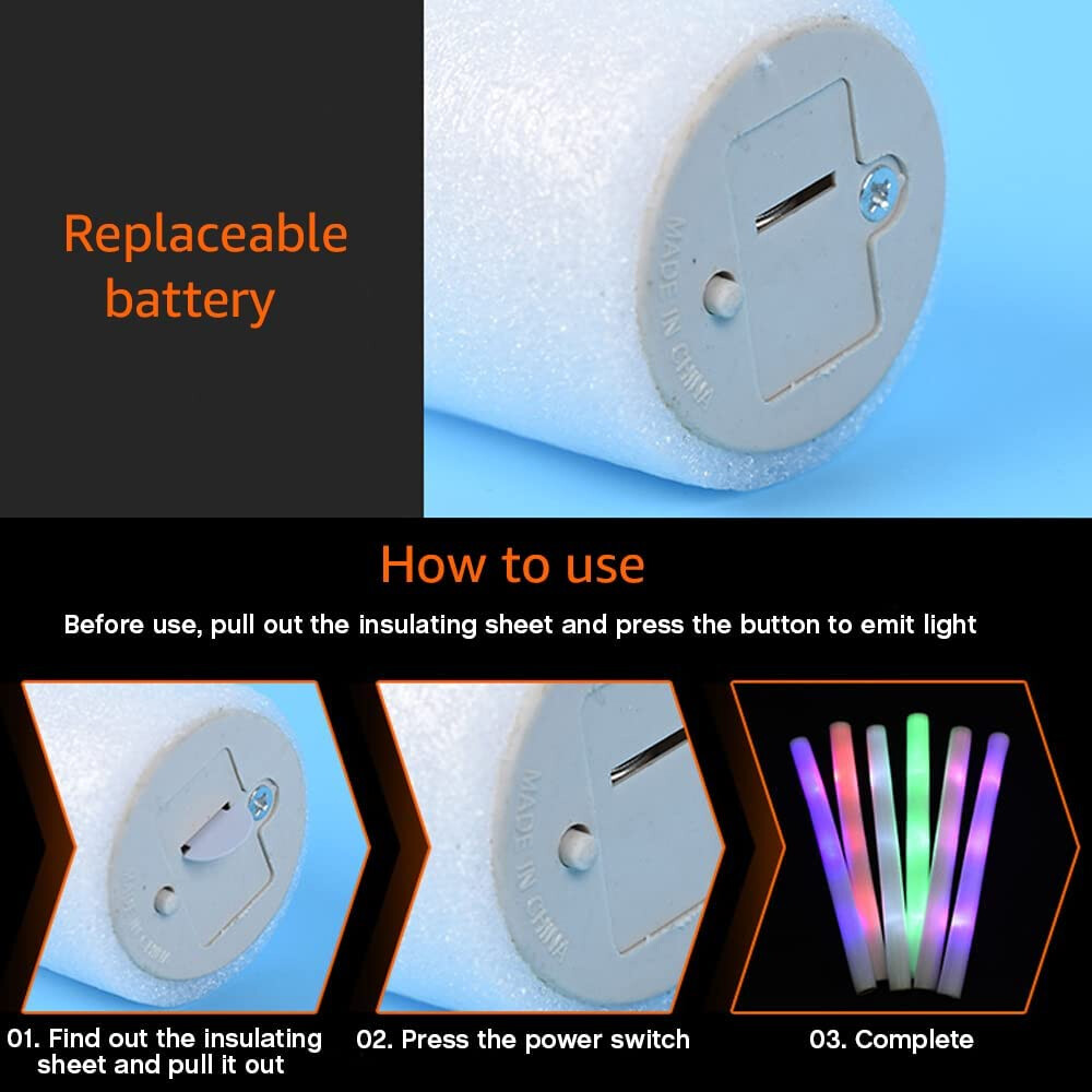 100PCS LED Light Up Foam Stick Multi Color Glow Stick For Party