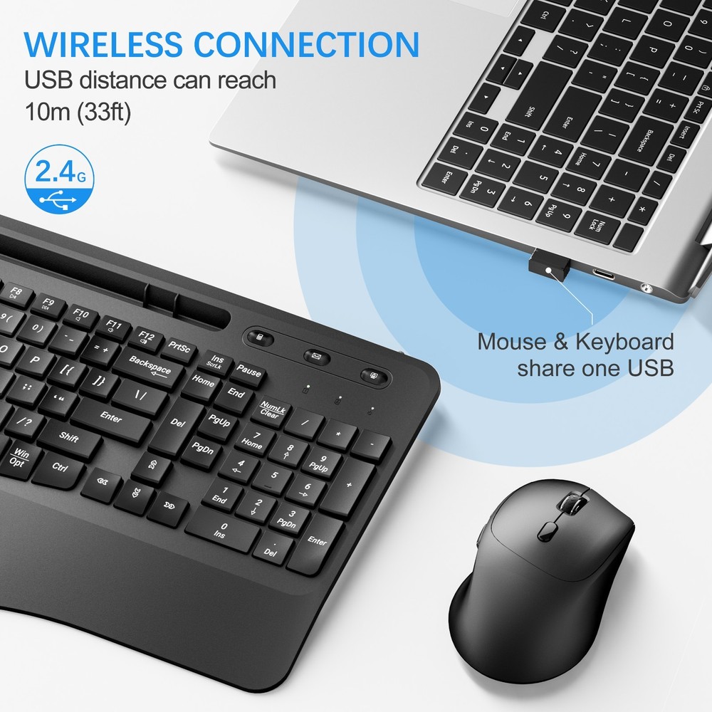 Wireless Keyboard and Mouse Quiet Combo USB Ergonomic Full-Sized Rechargable
