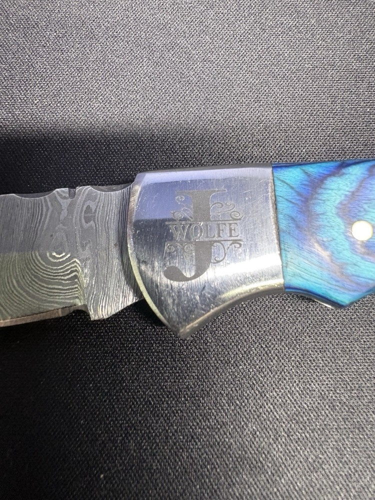 Custom J Wolfe Damascus Folder - Blue Handle Beauty