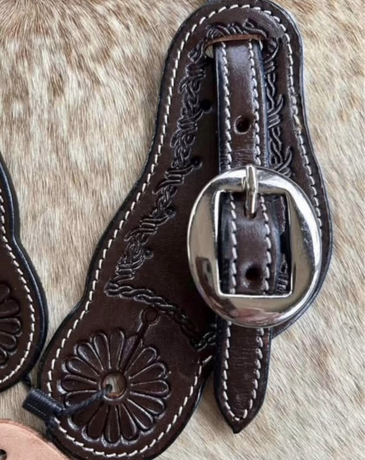 Adult Size Barbed Wire Tooled Top Grain Leather Western PAIR Spur Straps