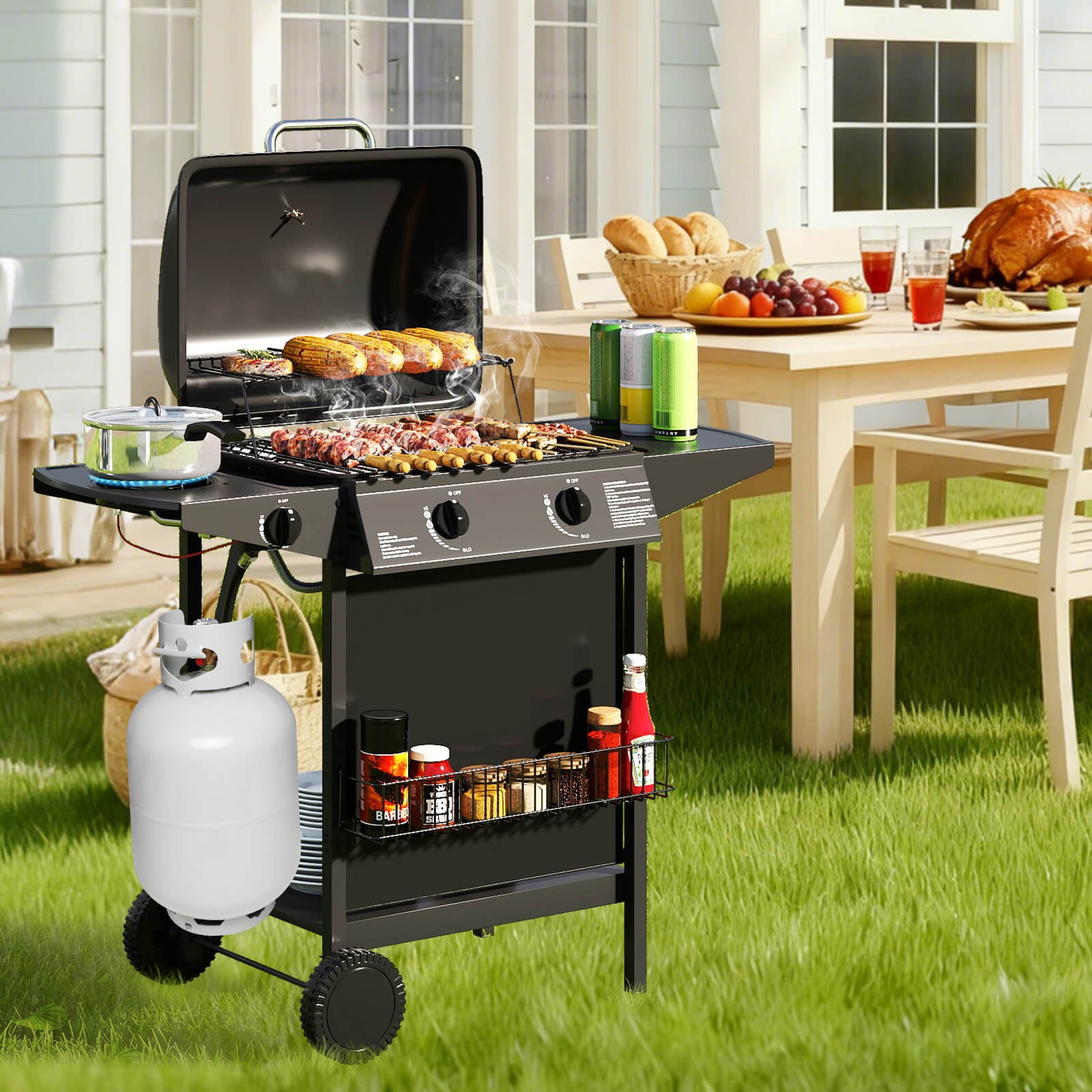 30,000 BTU Outdoor Cooking Grill w/Storage Shelves & Porcelain-Enameled Grates