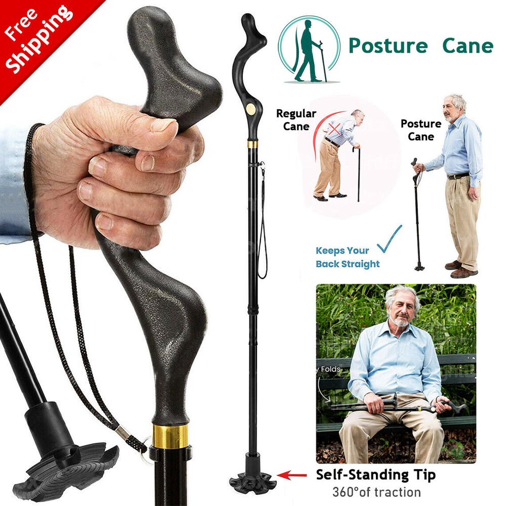 Folding Walking Stick Elder Posture Straight Cane Retractable Adjustable Height