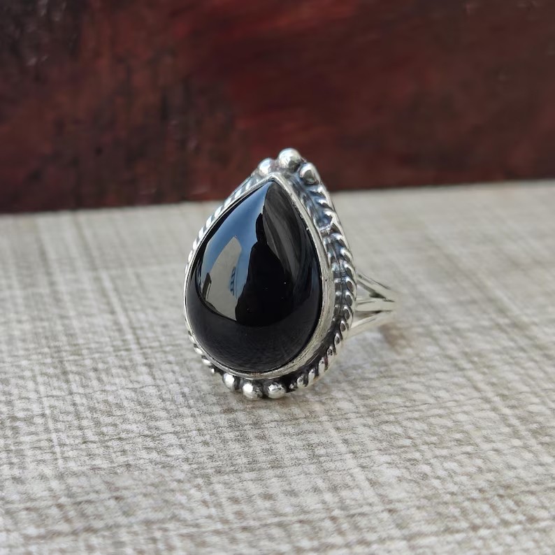 Solid 925 Sterling Silver Black Onyx Pear Gemstone Statement Handmade Women Ring
