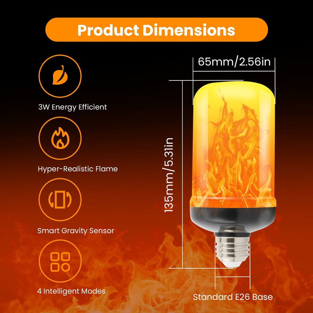 Led Flame Light Bulb, 2 Pack E26 Flickering Light Bulbs with 4 Modes, Faux Flame