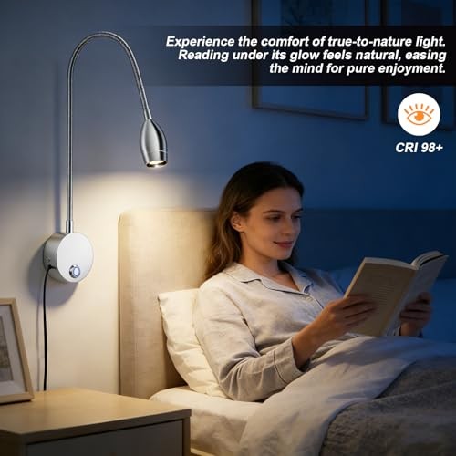 Wall Mounted LED Reading Light with 360° 15" Bedside reading light Silver 1pack