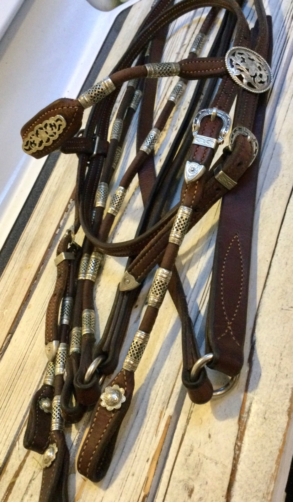 Vntg Poco Western Bridle & Romel Reins Silver Ferrule Fleming Filigree Sterling