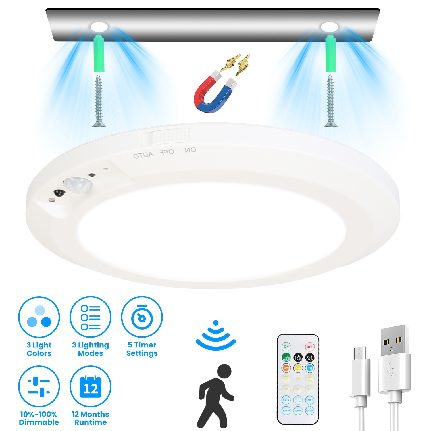 Rechargeable Motion Sensor Ceiling Light Magnetic Install No Wiring Closet Light