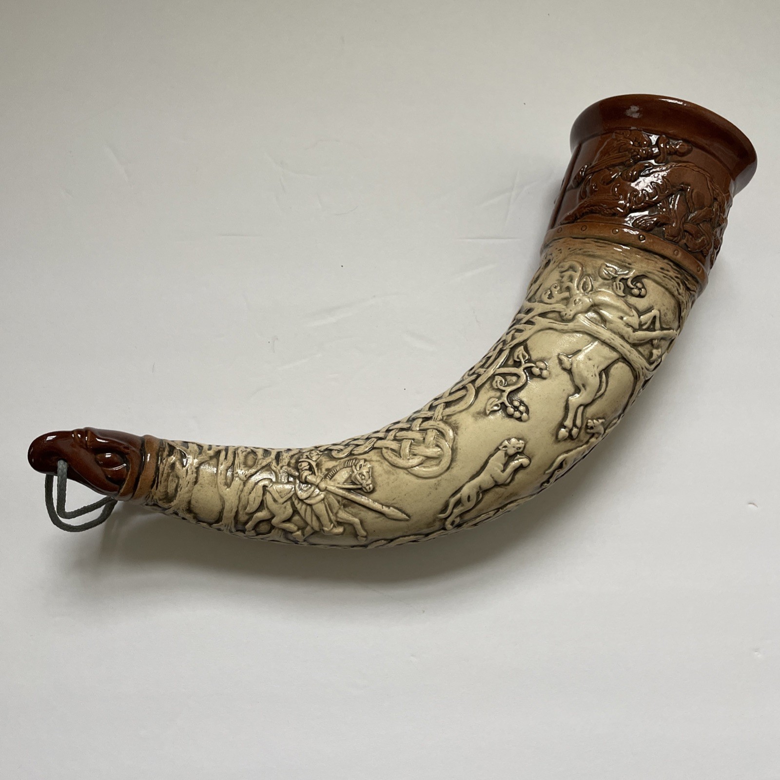 Horn Of CuChulainn German Drinking Horn Ceramic Raised Relief Irish Hero