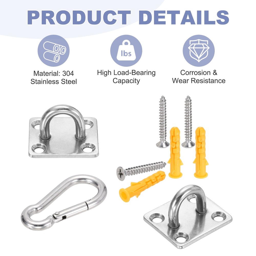 2Set M8 Eyelet Bracket Set Square Hook Plate and Hook, Silver