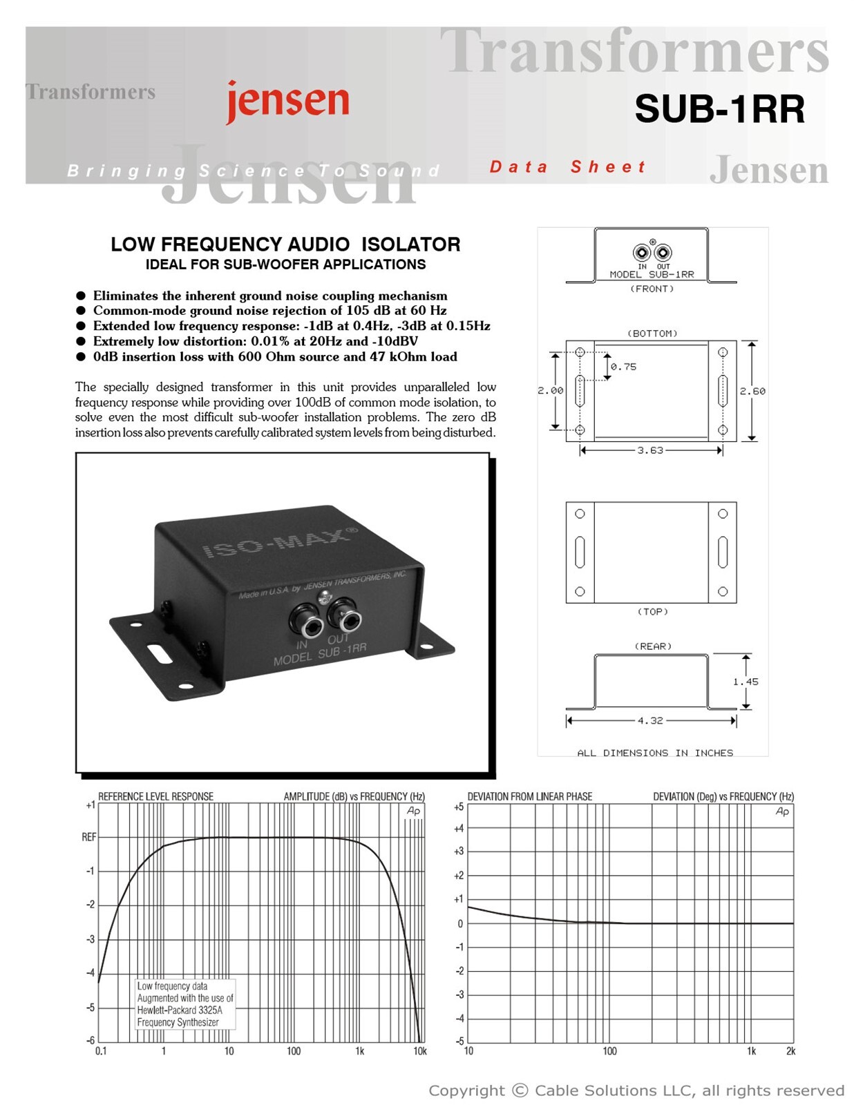 Jensen Transformers SUB-1RR Subwoofer Audio Hum/Noise Eliminator/Ground Isolator