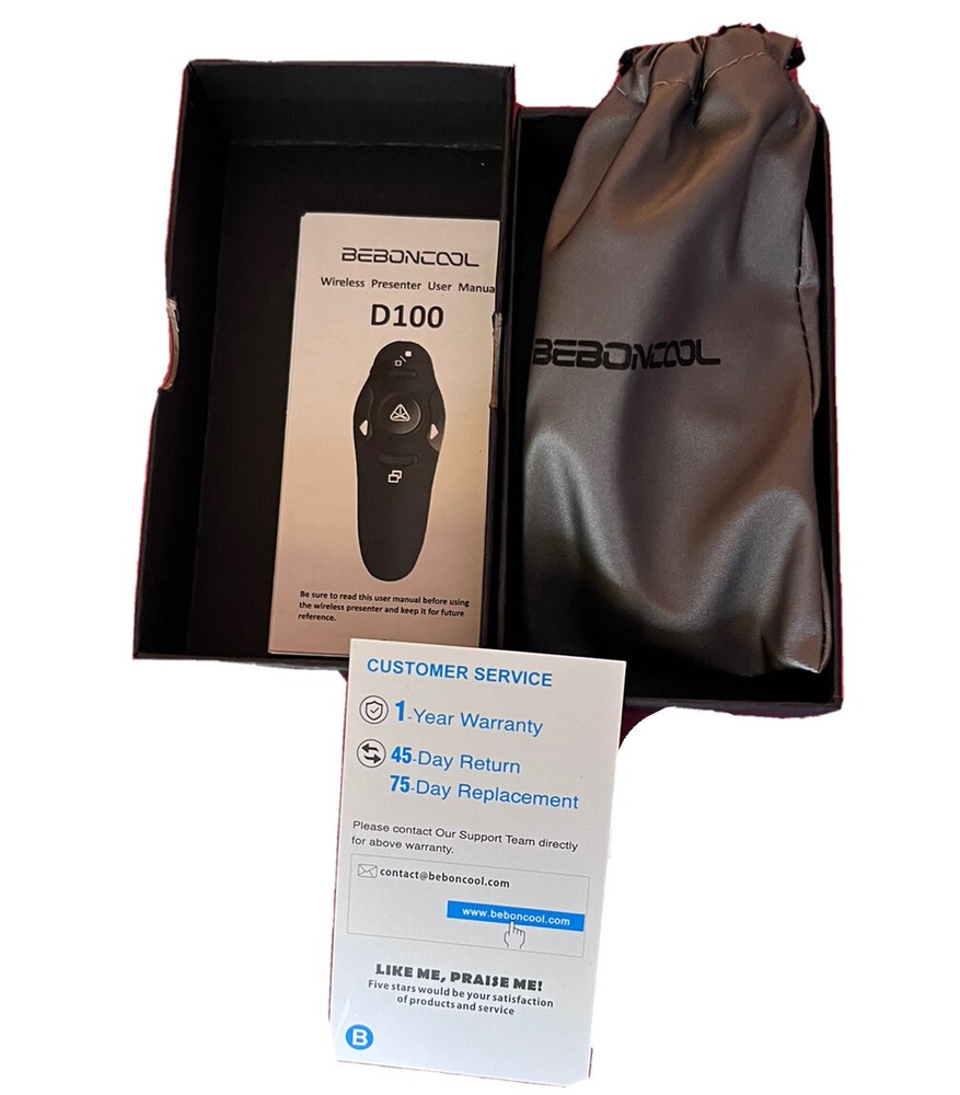 Beboncool Wireless Presenter Model D100, 2.4 GHz With Laser Pointer 39’ FT Range