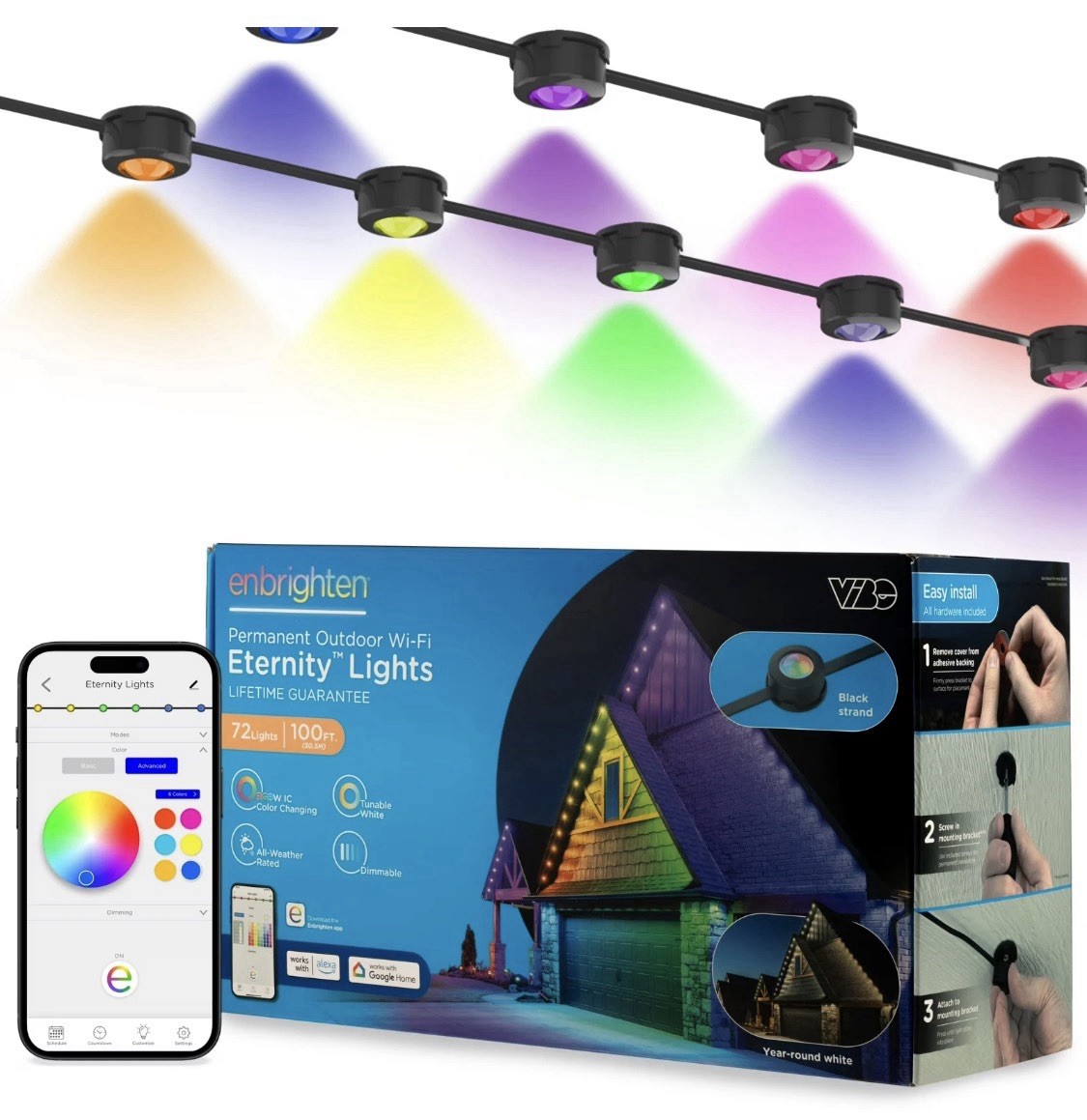 Enbrighten VIBE Permanent Outdoor Wi-Fi Eternity Lights 72lights, 100ft (Black)