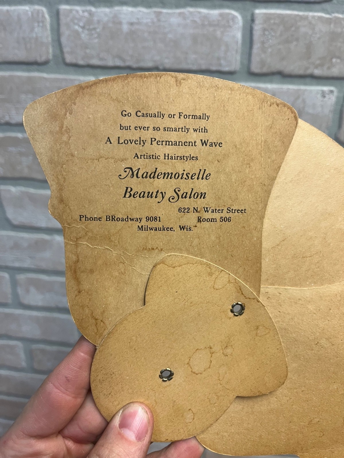 Vintage Mademoiselle Beauty Salon Advertising Tri-Fold Hand Fan Milwaukee WI WIs
