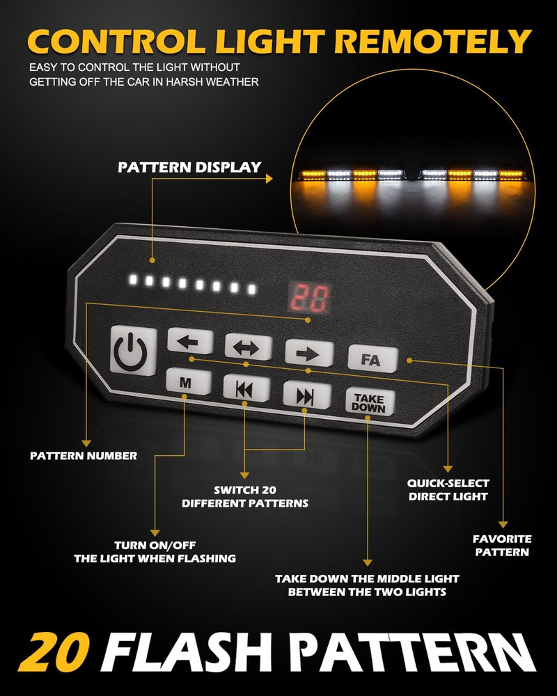 604N Emergency Dash Strobe Lights W/Controller: 2X16.8 Inch Amber White Security