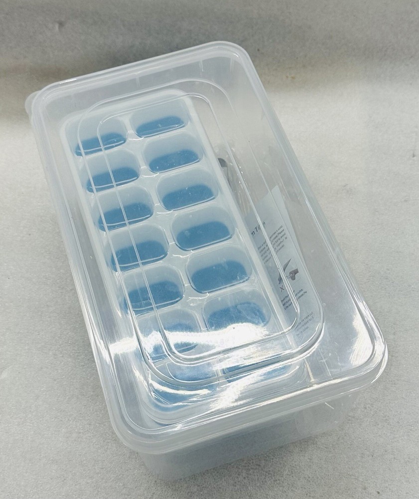 ICE CUBE TRAY w/ Silicone Bottom & Lids - Stackable - 3 Pack w/ Extras NEW