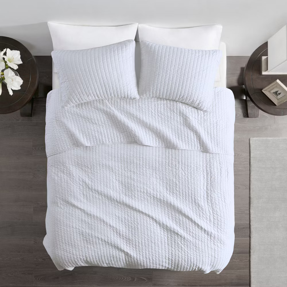 White Khaki Mitchell Solid Brushed Fabric Quilt Set Full/Queen 3pc
