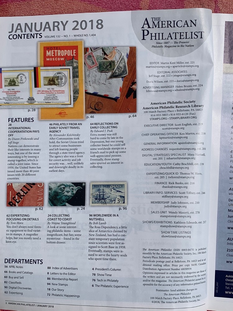 American Philatelist Magazine 2018, January