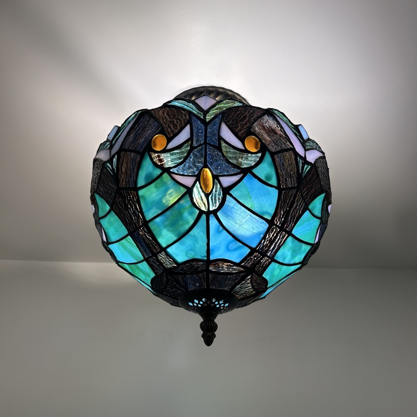 Tiffany Style Ceiling Light Fixture Green Brown Stained Glass LED Bulbs 12"H12"W