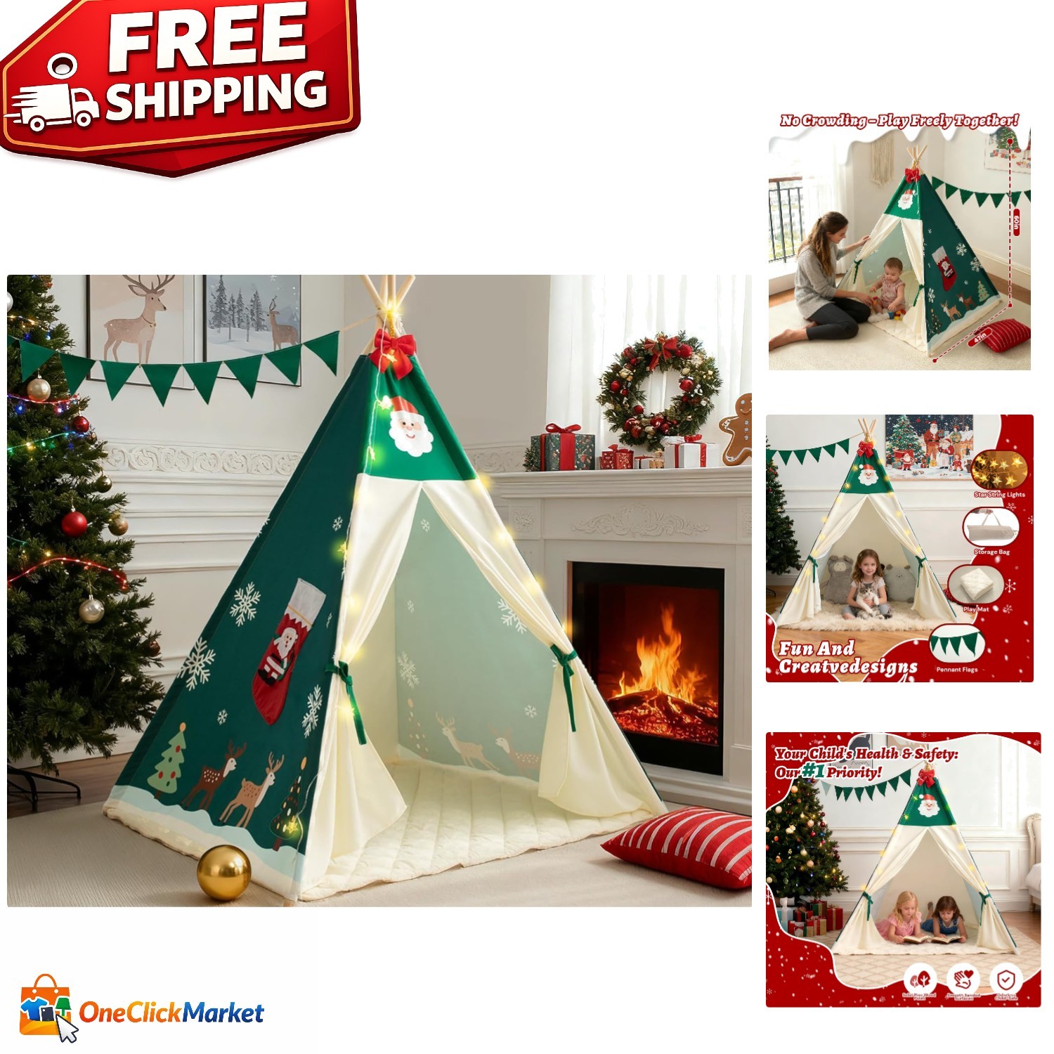 Versatile Kids Teepee Tent with Padded Mat & Star Lights - Perfect Holiday Gift