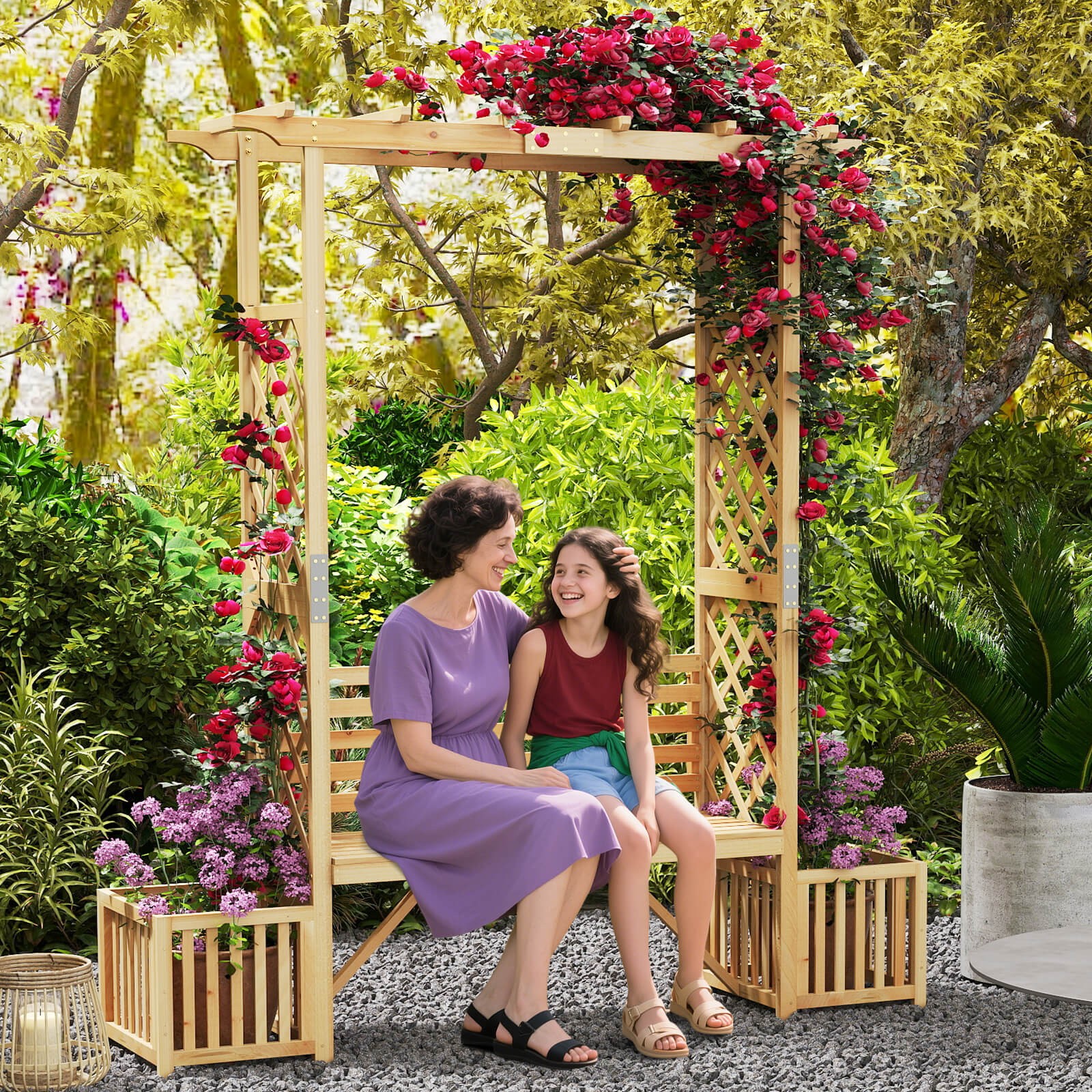 Patio Garden Bench Arbor Arch w/Pergola Planting Box Side Trellis for Vines