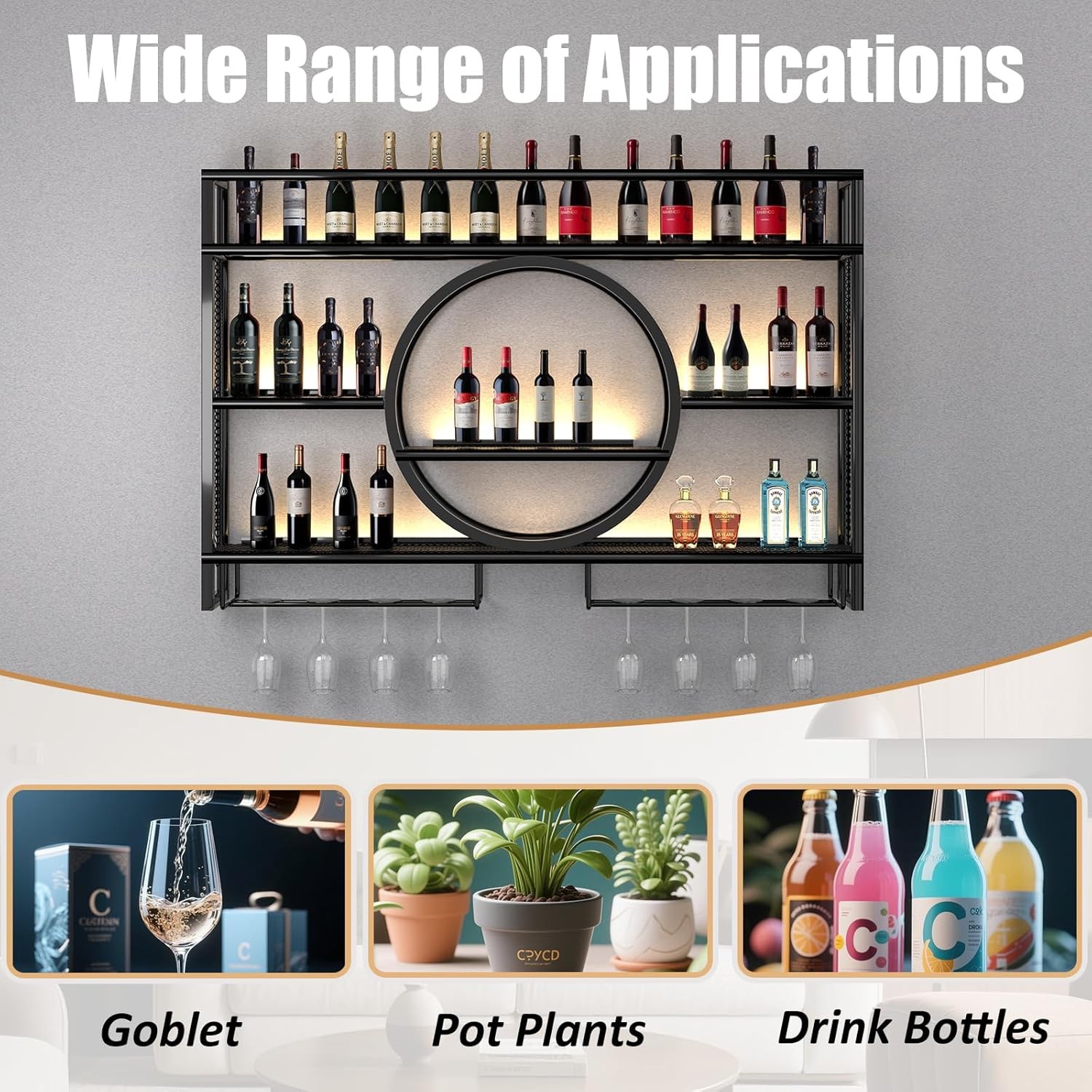 Wall Mounted LED Wine Rack Metal Bar Bottle Display Shelf with Wine Glass Rack