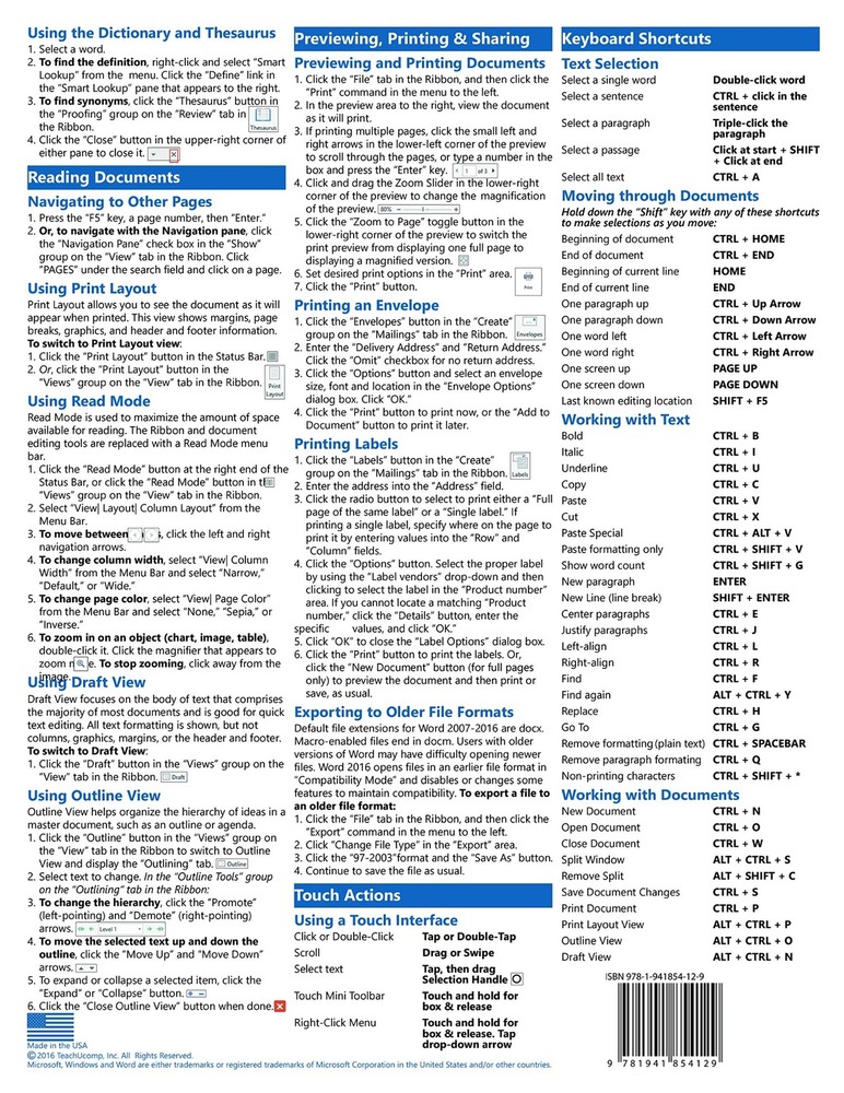 Word 2016 Training Guide Quick Reference Card 4 Page Cheat Sheet Instructions
