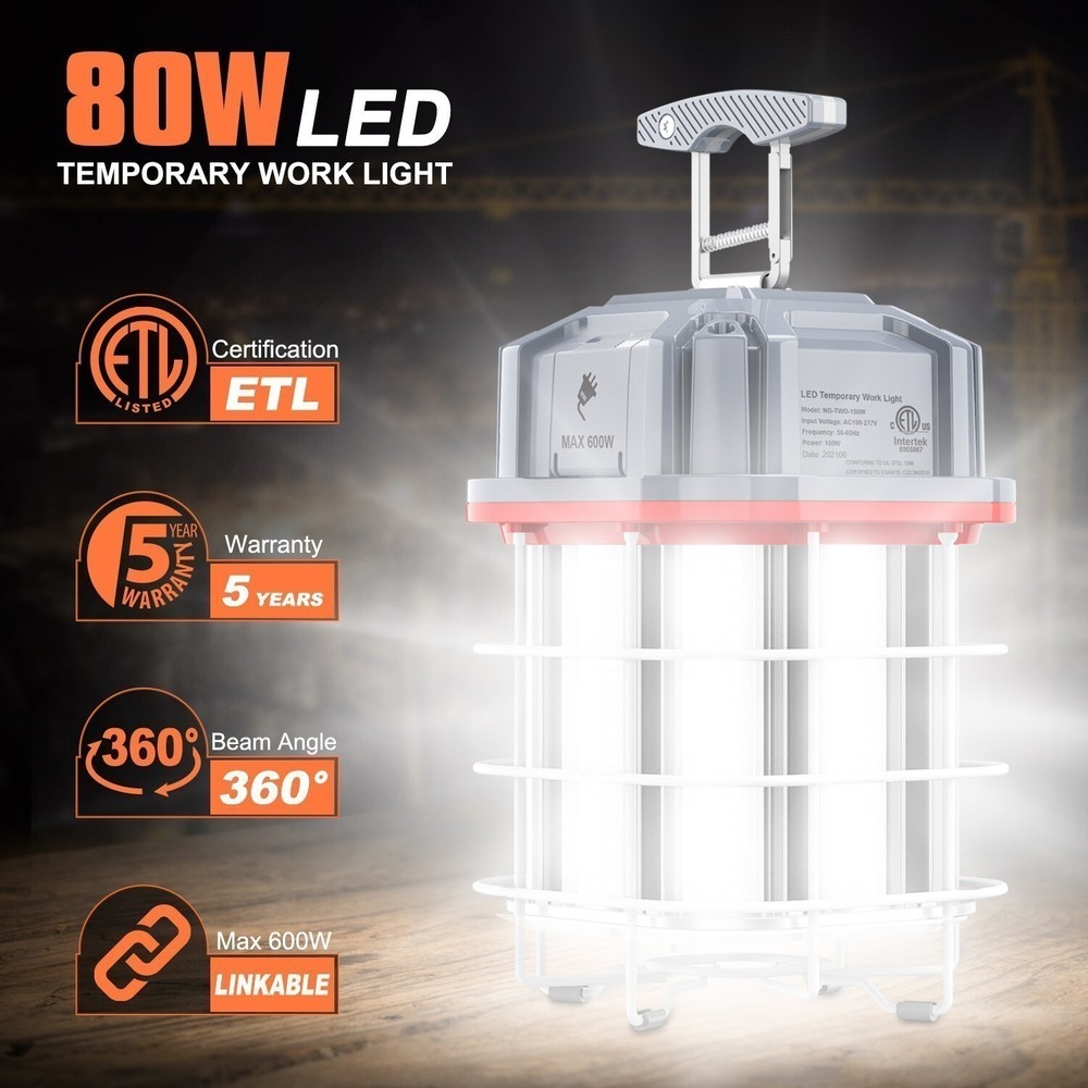 80W LED Construction Light 5000K Outdoor Indoor Linkable Temporary Work Lighting