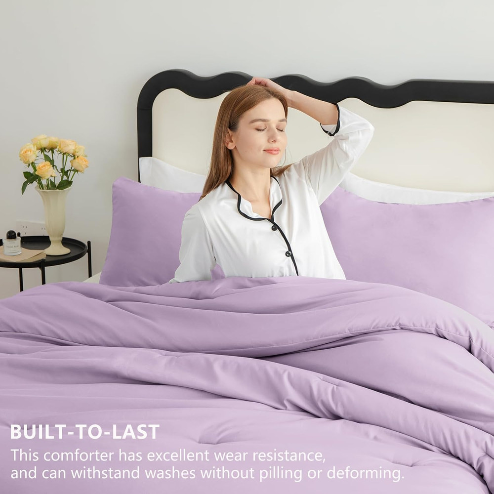 Lavender King Size Comforter Set, 3 Pieces Light Purple Solid Breathable Quilted
