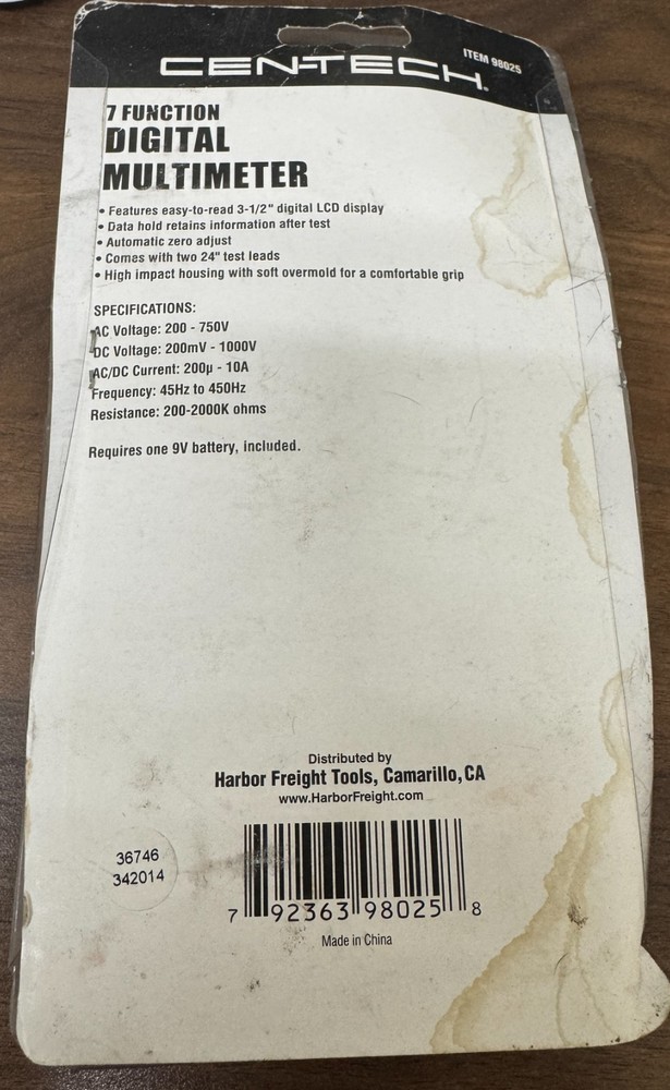 Cen-Tech 98025 7 Function Digital Multi Meter Electronic Volt Tester Electronic
