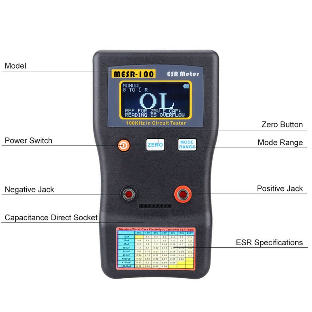 MESR-100 Handheld Capacitance Ohm Meter Cap Resistance Capacitor Circuit Tester