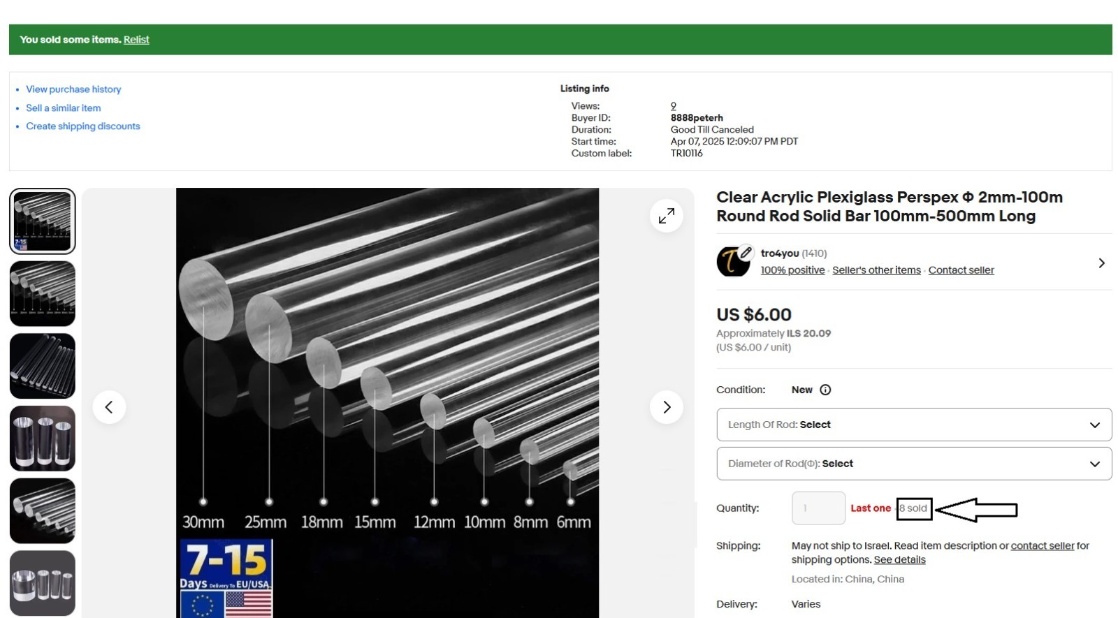 Clear Acrylic Plexiglass Perspex Φ 2mm-100m Round Rod Solid Bar 100mm-500mm Long