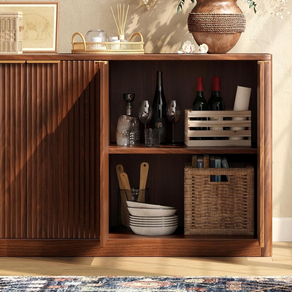67" Fluted Walnut Buffet Cabinet Sideboard with Storage Large Credenza