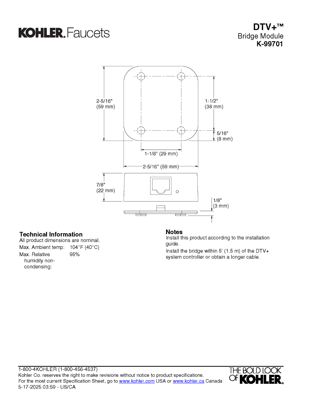 Kohler 99701-NA DTV+ Bridge Module