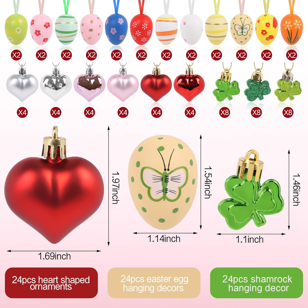 72Pcs Easter Egg Hanging Sets for Easter Holiday Decorations, Shamrock Mini Hear