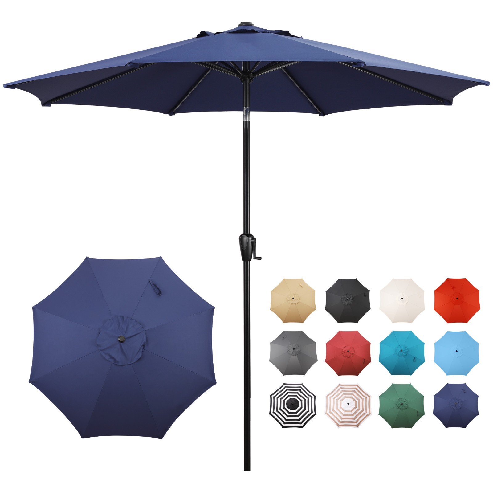Sun-Ray 9' Round Patio Umbrella with Push-Button Tilt & Crank Lift, Multi Colors