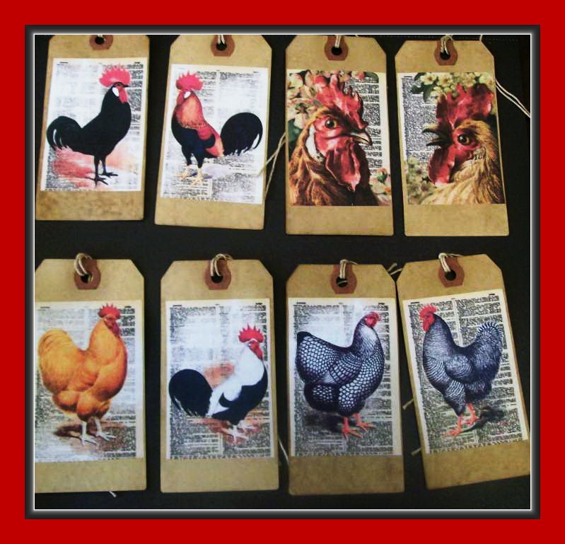 BARNYARD CHICKENS AND ROOSTERS - PRIMITIVE STYLE HANG TAGS - EIGHT - SET #2