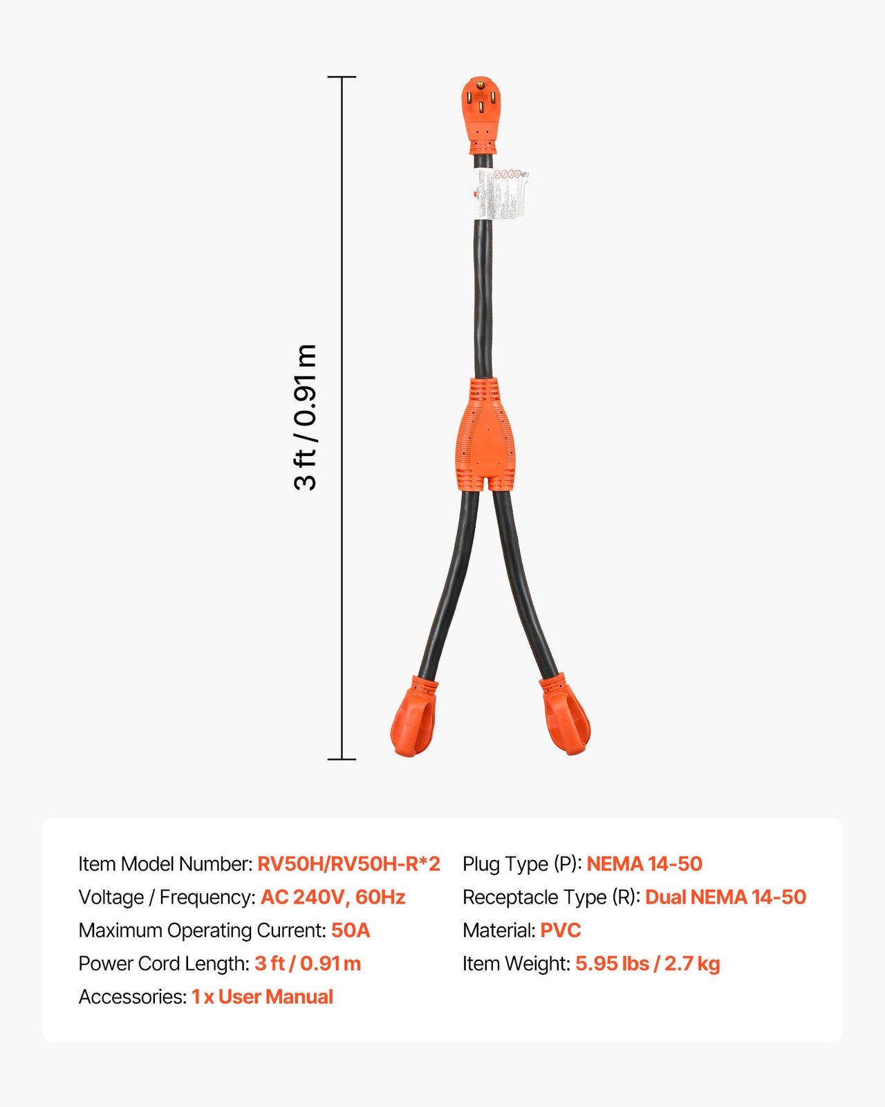 VEVOR Y Splitter Adapter Cord 50 Amp NEMA 14-50 4 Prong 240V Splitter for RV EV